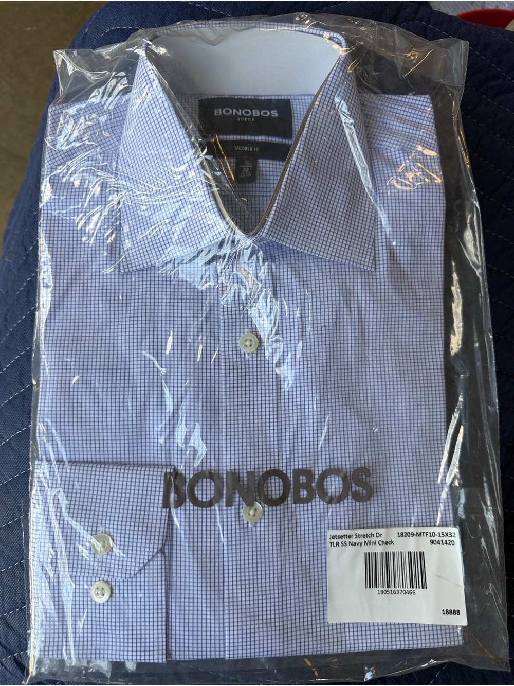 Bonobos Jetsetter Stretch Dress Shirt Navy Mini Check Tailored 15x32 NWT